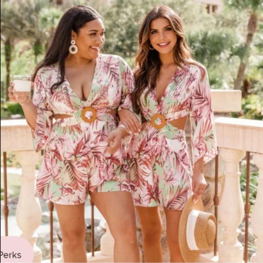 Pink Lily Tropical Print Cut out romper